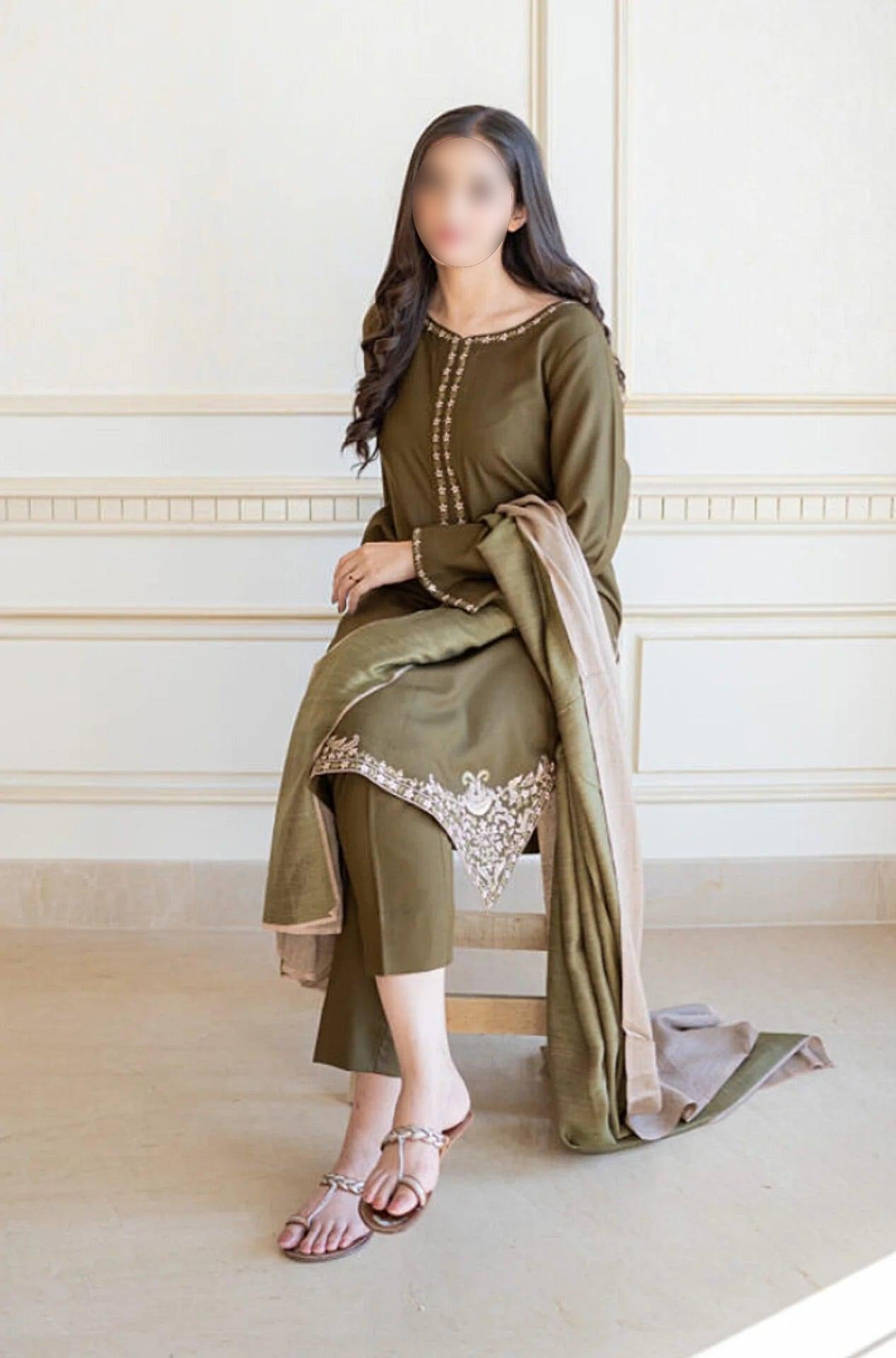 3 Piece - Unstitched Dhanak Stuff Full Embroidered Suit With Plain Shawl.