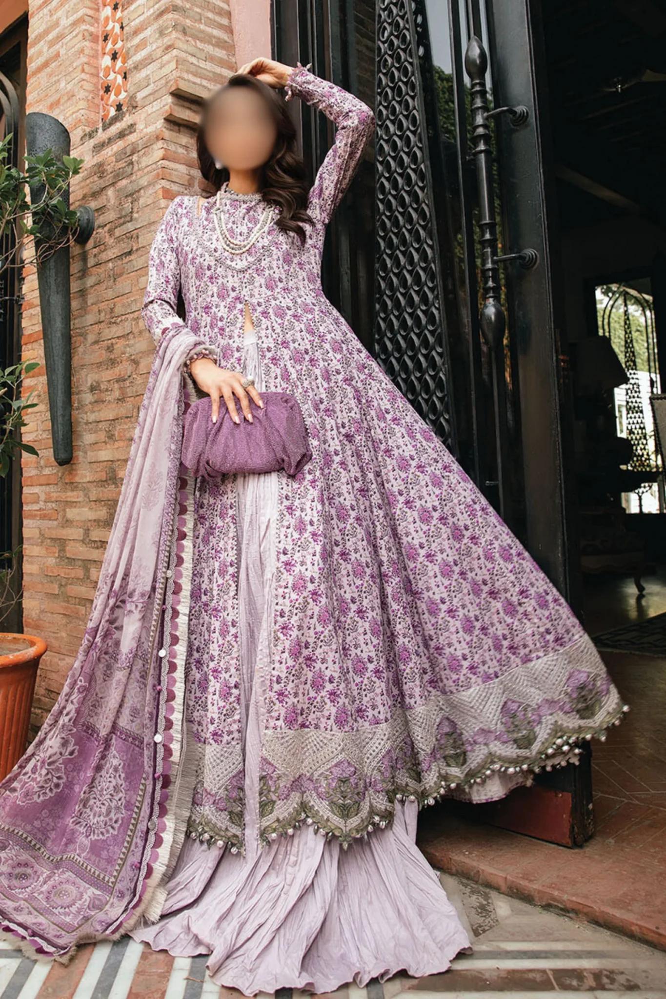 3-Pc Unstitched Purple Embroidered Printed Lawn Dress With Printed Chiffon Dupatta | Maria B-7B