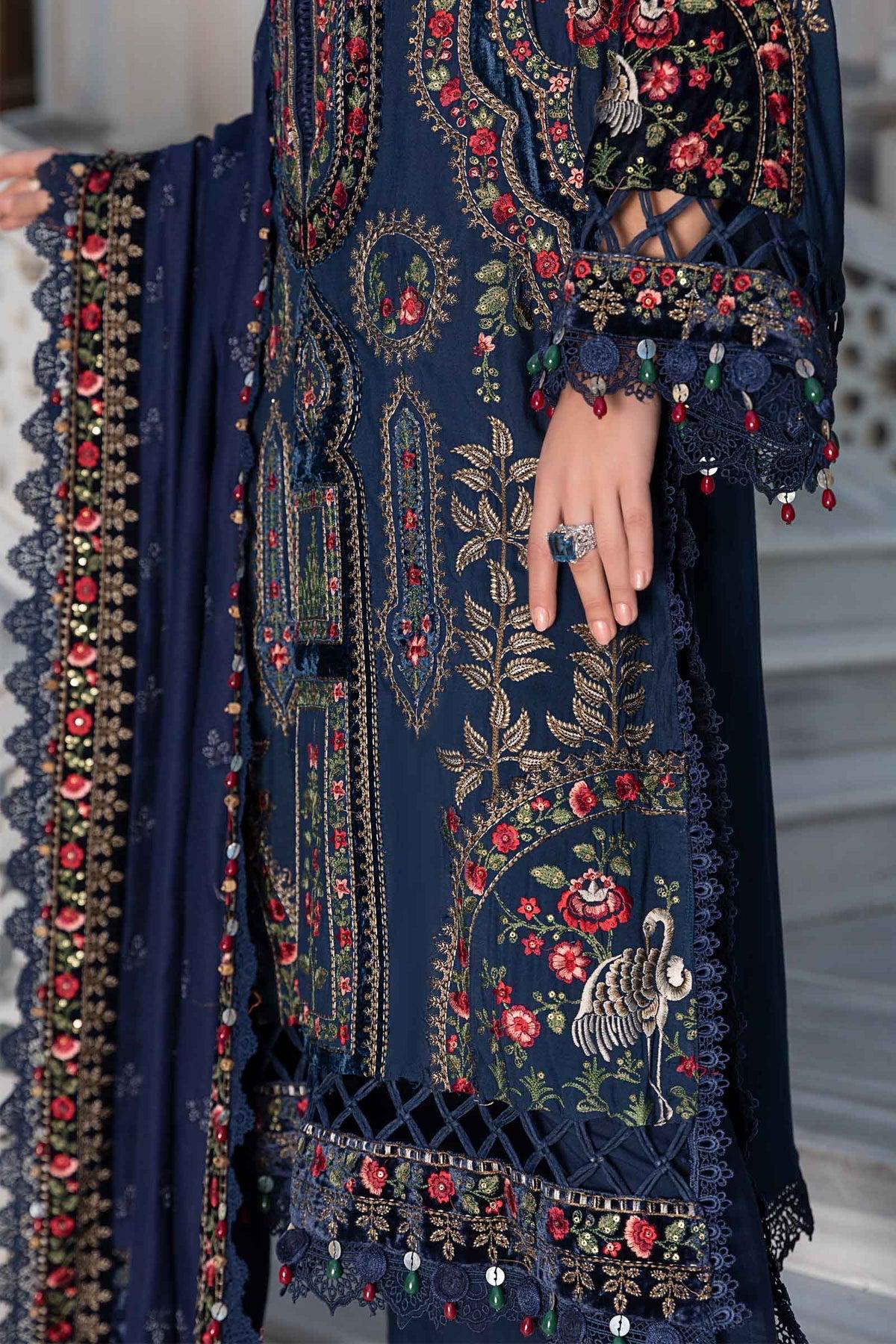 Maria B Linen Unstitched Embroidered 3Pc Suit Navy Blue DL-1109