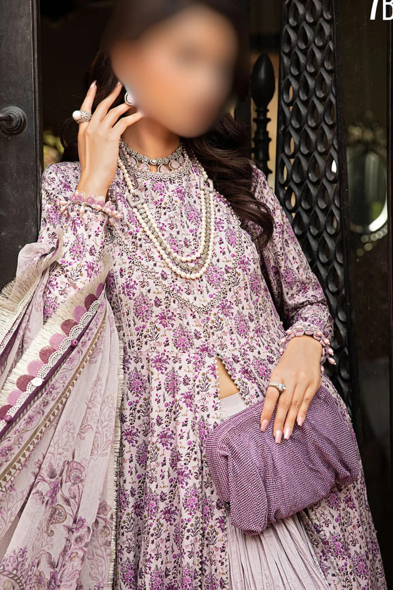 3-Pc Unstitched Purple Embroidered Printed Lawn Dress With Printed Chiffon Dupatta | Maria B-7B