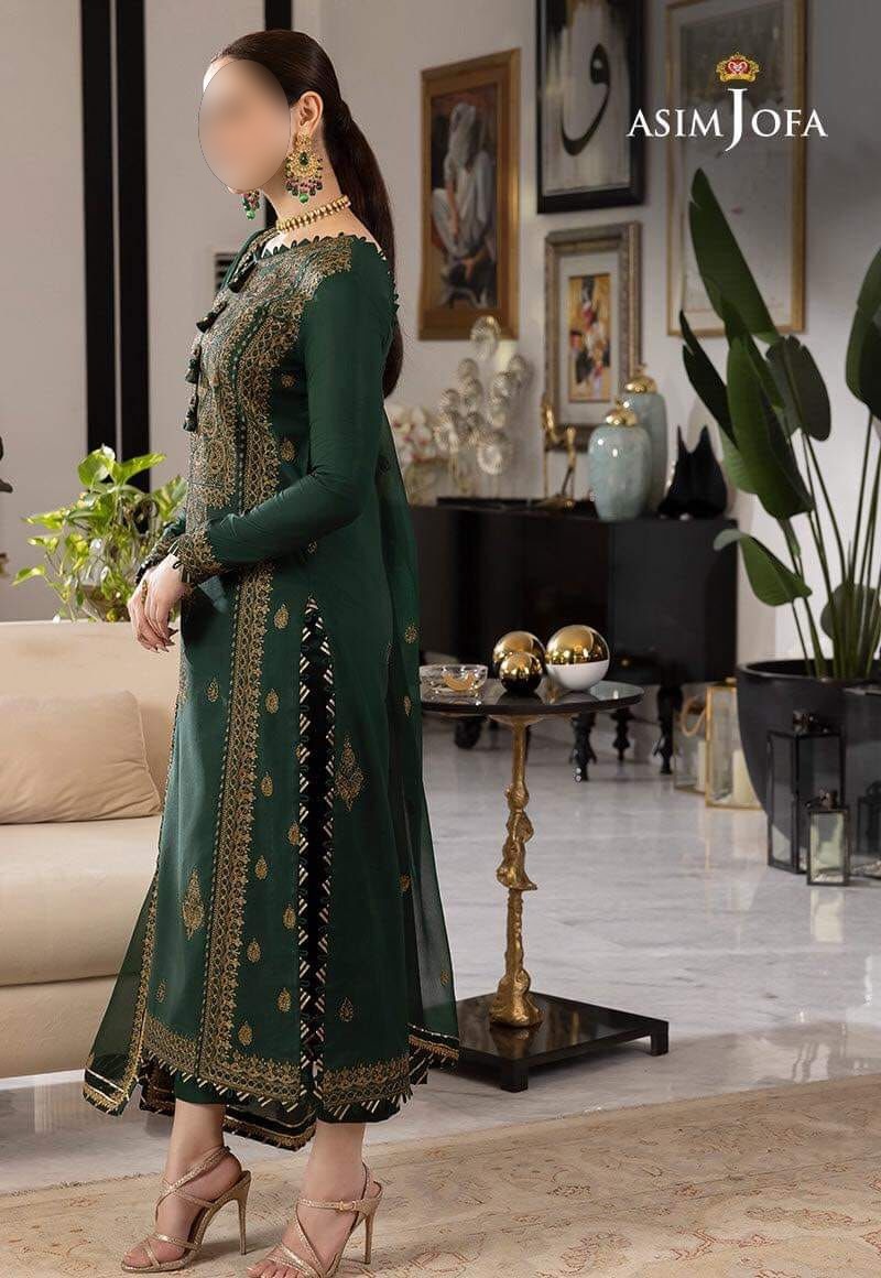 Asim Jofa Embroidered Chiffon Bottle Green 3 piece suit