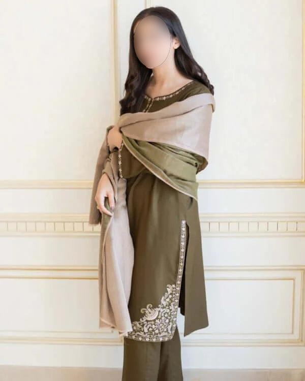 3 Piece - Unstitched Dhanak Stuff Full Embroidered Suit With Plain Shawl.