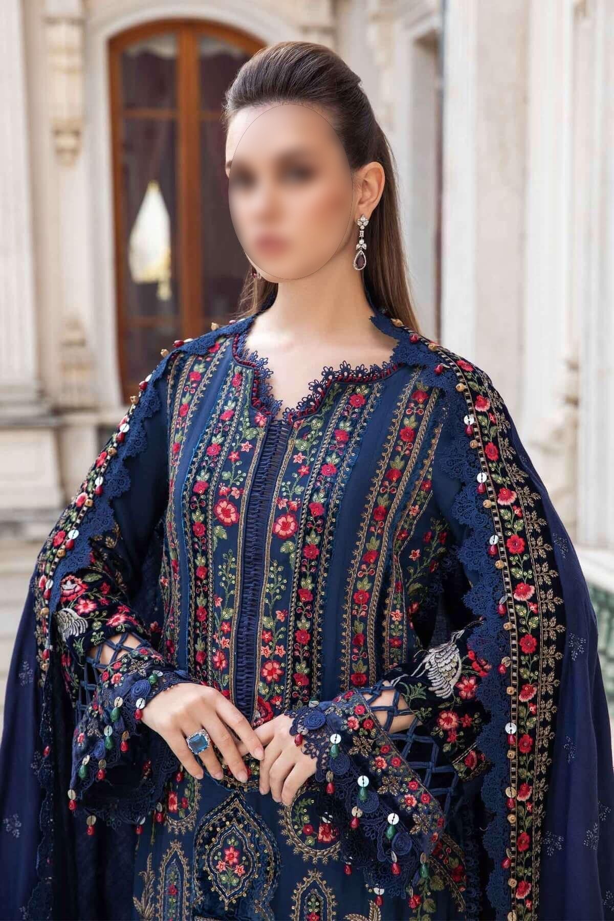 Maria B Linen Unstitched Embroidered 3Pc Suit Navy Blue DL-1109