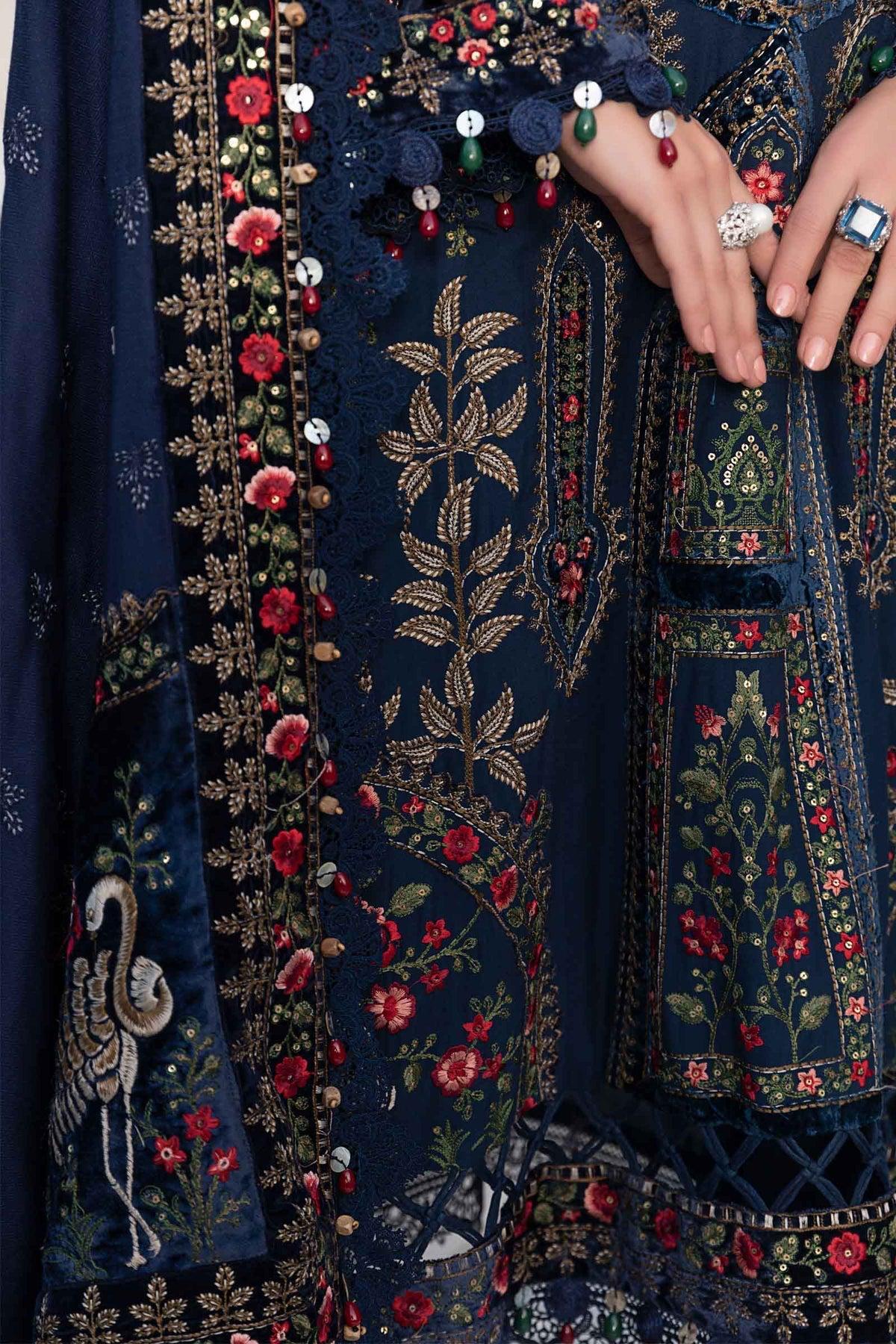 Maria B Linen Unstitched Embroidered 3Pc Suit Navy Blue DL-1109