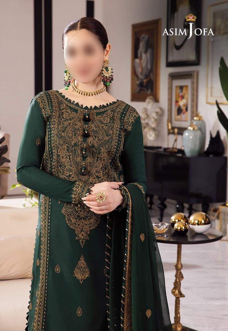 Asim Jofa Embroidered Chiffon Bottle Green 3 piece suit