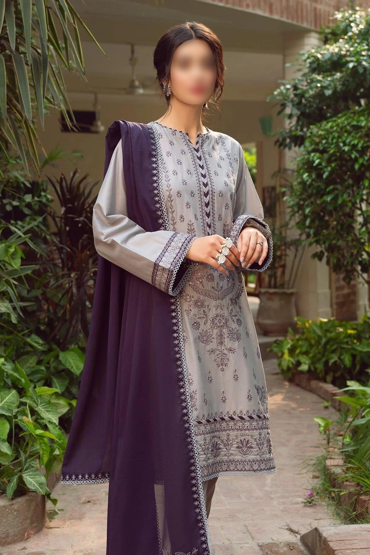 KP233-Jazmin - 3PC Lawn Embroidered Shirt With Bamber Chiffon Embroidered Dupatta And Lawn Trouser