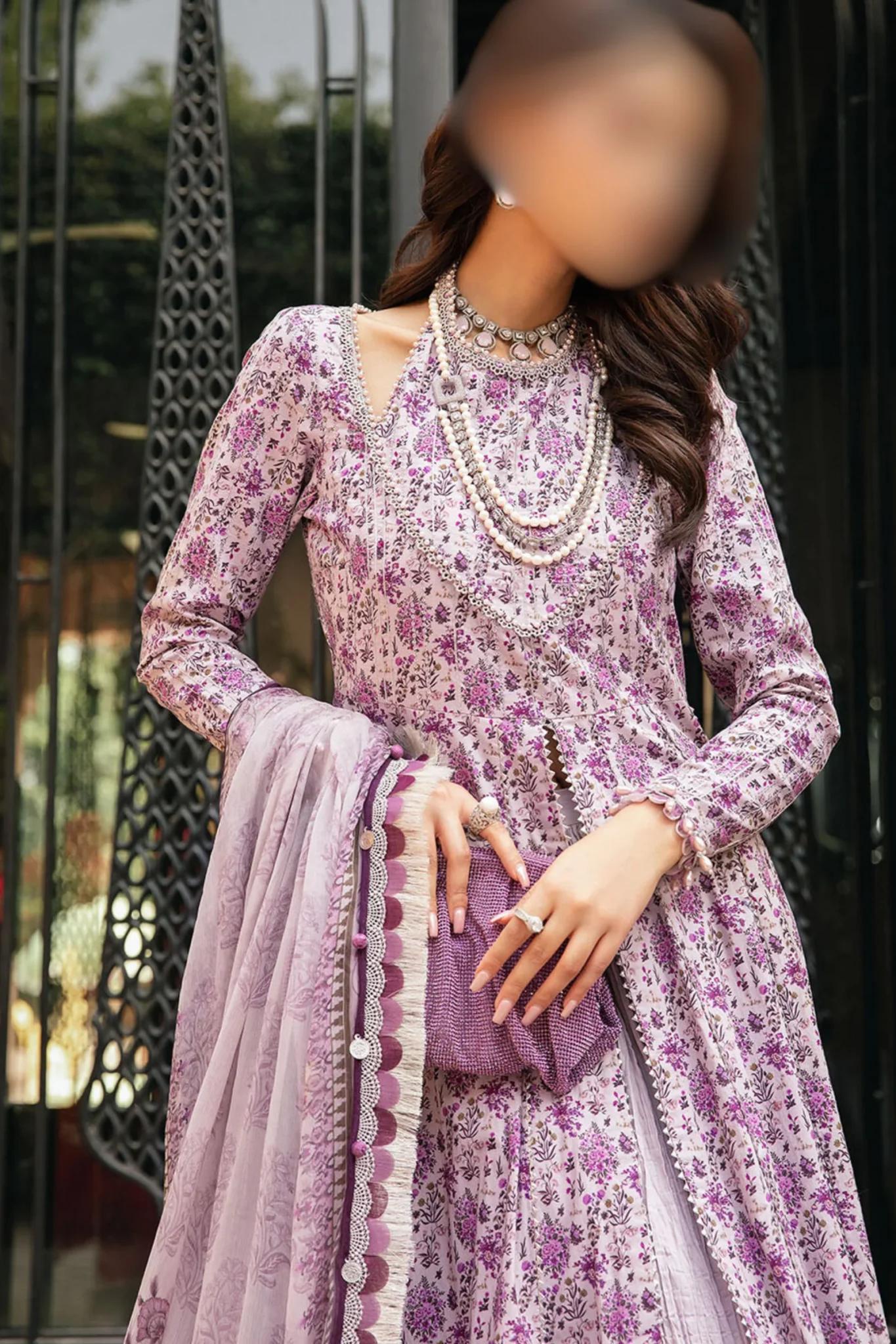 3-Pc Unstitched Purple Embroidered Printed Lawn Dress With Printed Chiffon Dupatta | Maria B-7B
