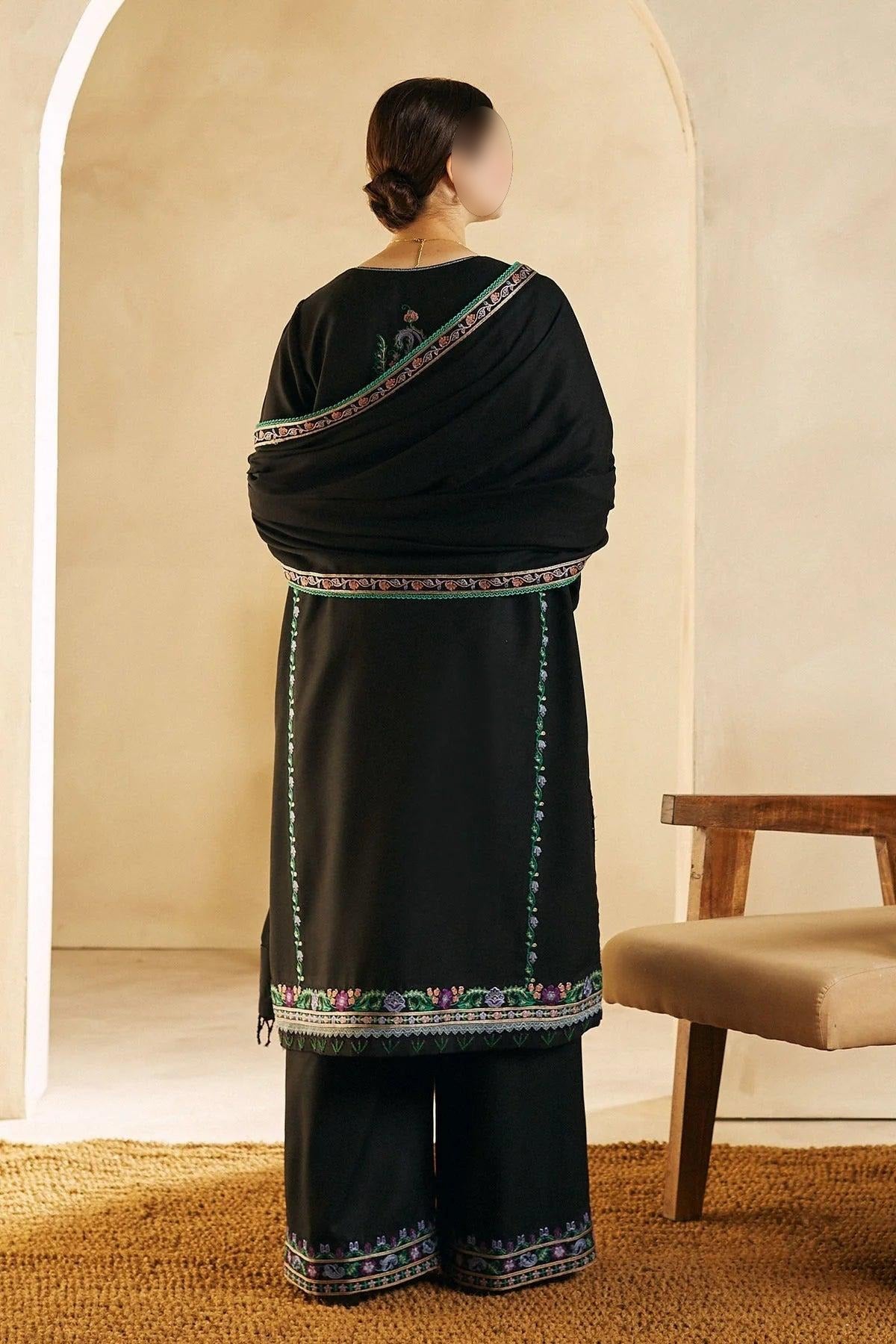 ZARA SHAHJAHAN - 3PC DHANAK EMBROIDERED SHIRT WITH DHANAK EMBROIDERED SHAWL AND TROUSER - HZG1381