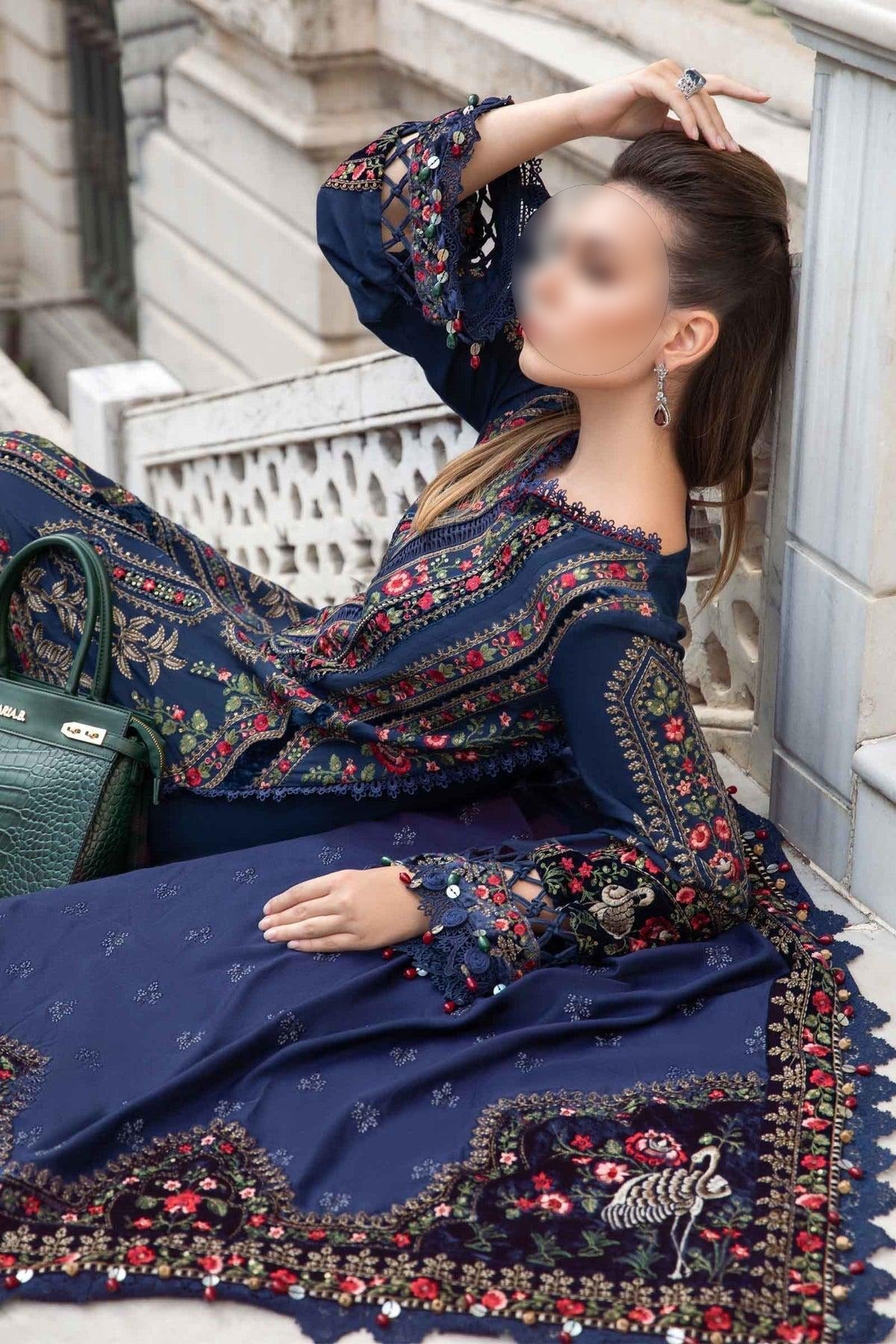 Maria B Linen Unstitched Embroidered 3Pc Suit Navy Blue DL-1109