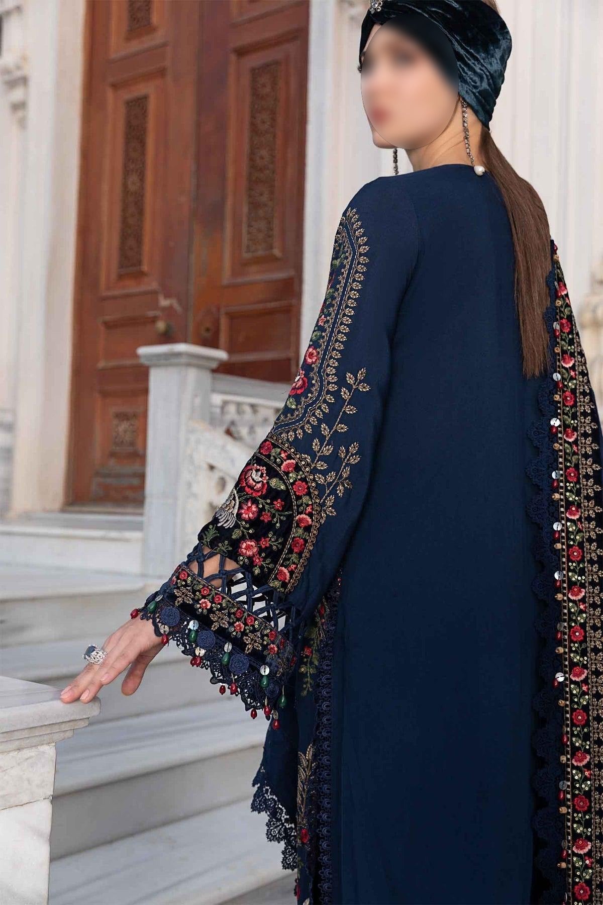 Maria B Linen Unstitched Embroidered 3Pc Suit Navy Blue DL-1109