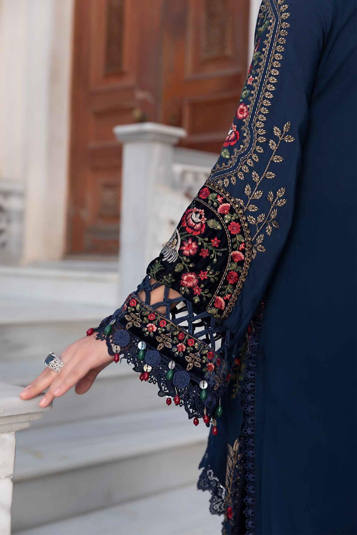 Maria B Linen Unstitched Embroidered 3Pc Suit Navy Blue DL-1109