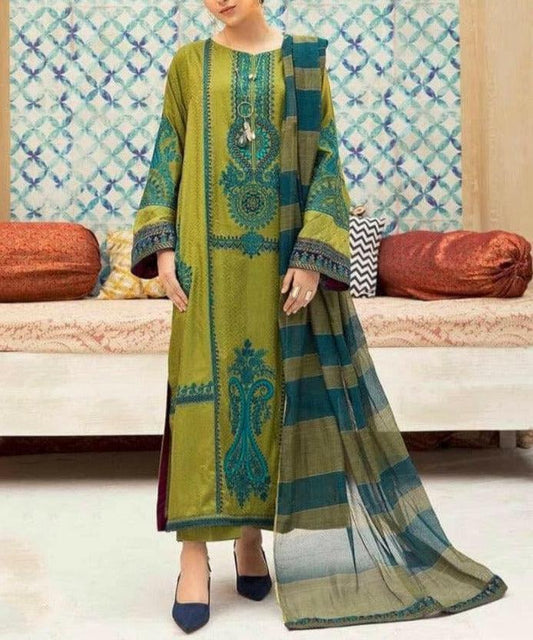 ZARA SHAHJAHAN - 3PC DHANAK EMBROIDERED SHIRT WITH DHANAK EMBROIDERED SHAWL AND TROUSER - HZG1381