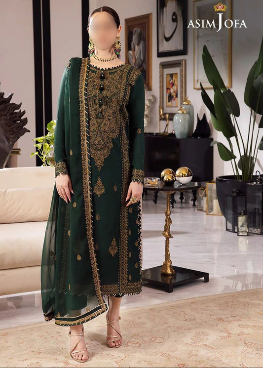 Asim Jofa Embroidered Chiffon Bottle Green 3 piece suit