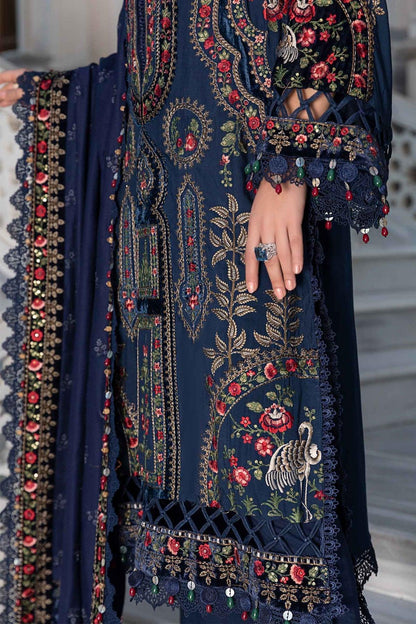 Maria B Linen Unstitched Embroidered 3Pc Suit Navy Blue DL-1109