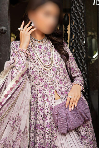 3-Pc Unstitched Purple Embroidered Printed Lawn Dress With Printed Chiffon Dupatta | Maria B-7B