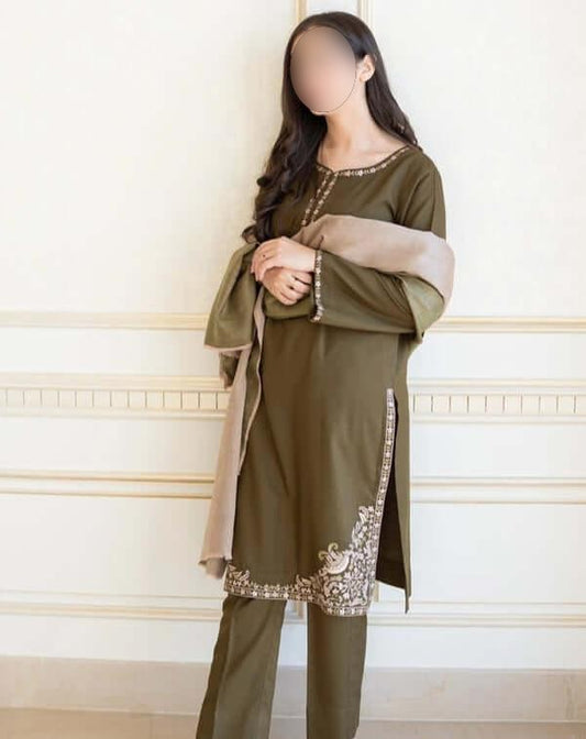 3 Piece - Unstitched Dhanak Stuff Full Embroidered Suit With Plain Shawl.