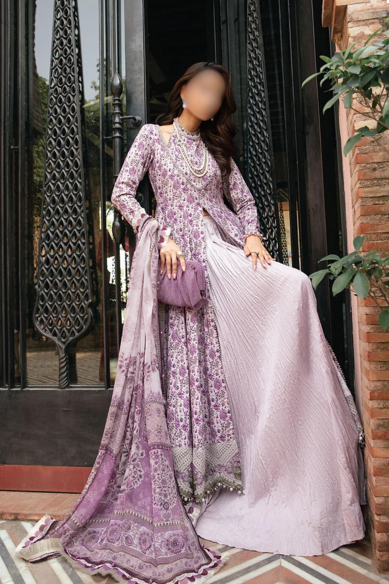 3-Pc Unstitched Purple Embroidered Printed Lawn Dress With Printed Chiffon Dupatta | Maria B-7B