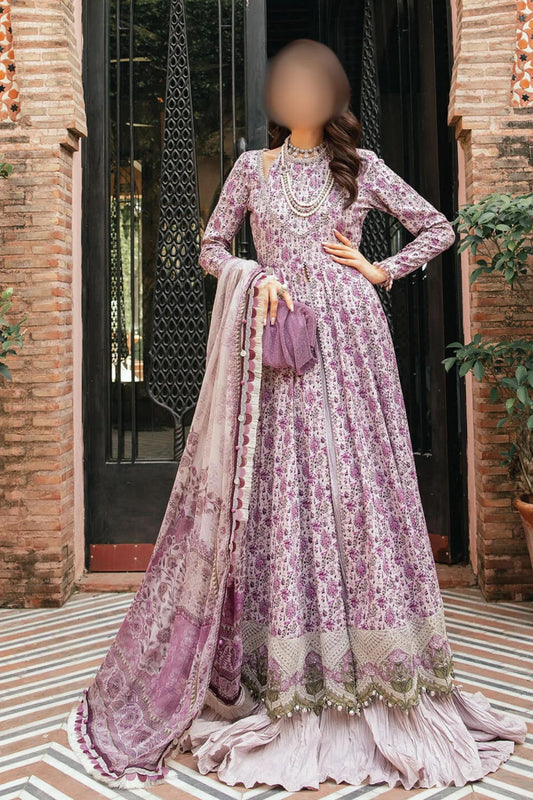 3-Pc Unstitched Purple Embroidered Printed Lawn Dress With Printed Chiffon Dupatta | Maria B-7B