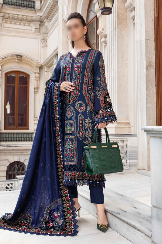Maria B Linen Unstitched Embroidered 3Pc Suit Navy Blue DL-1109